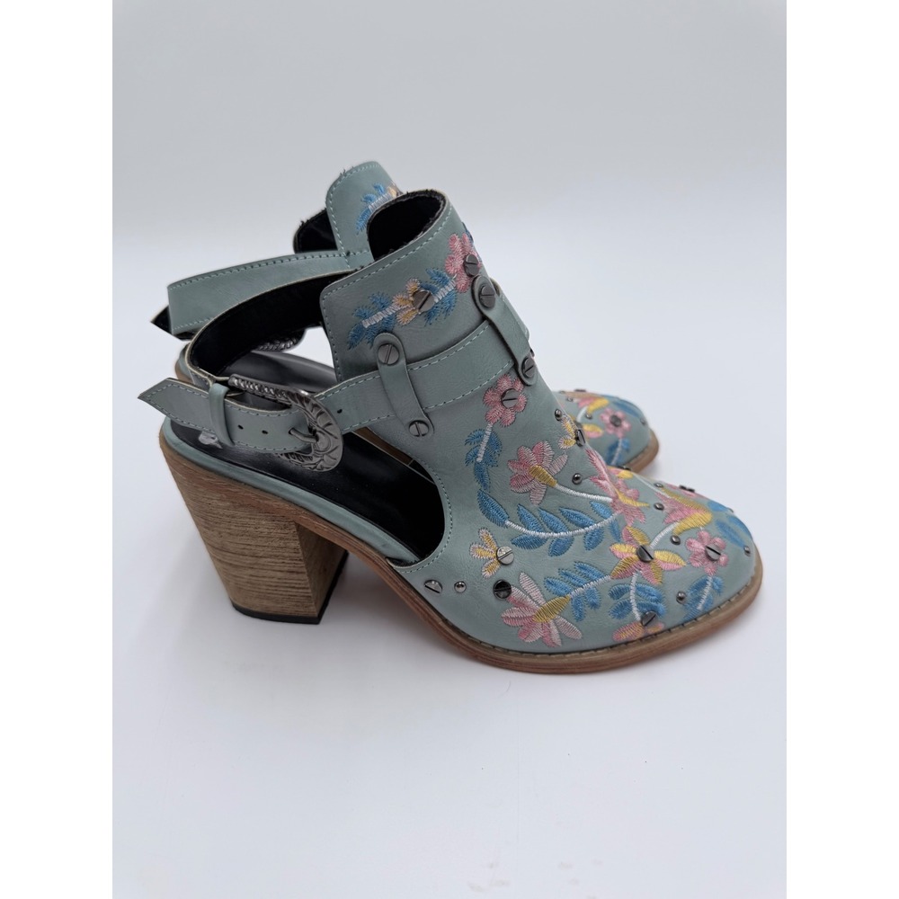 Floral Embroidered Western Ankle Booties Blue Studded Boho Fairycore Cowgirl Y2K - Picture 5 of 9